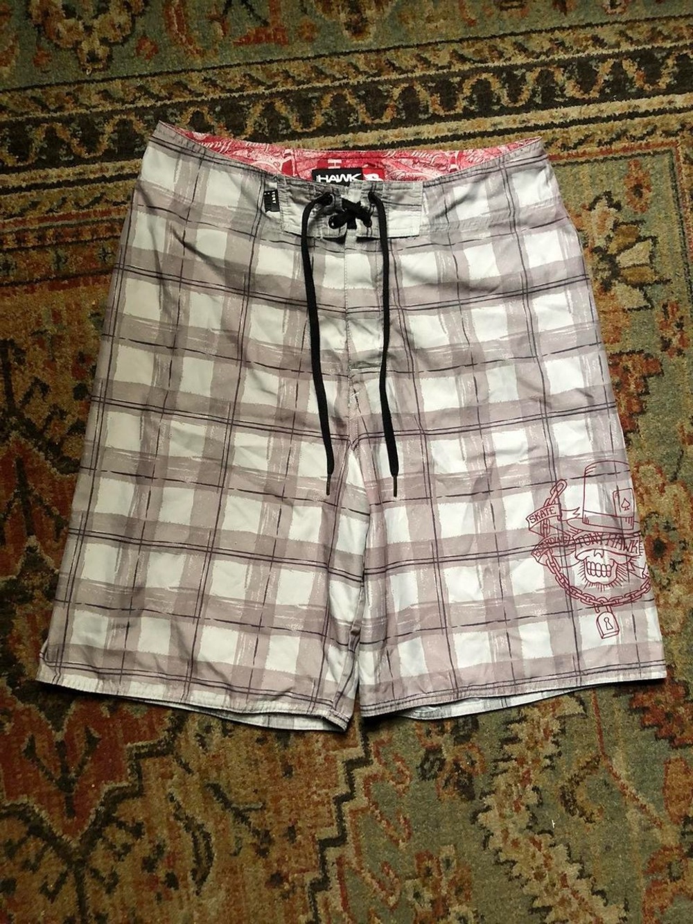Vintage 2000s y2k Tony Hawk Men’s Plaid Swim Trunks in Light Gray and Mauve